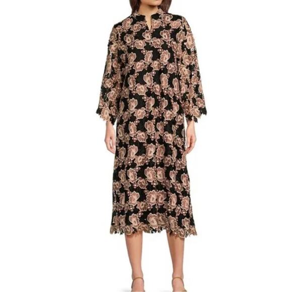 J.Marie Talia Floral Lace Mandarin Collar Long Bell Sleeve Midi Dress Size Small - Picture 1 of 11